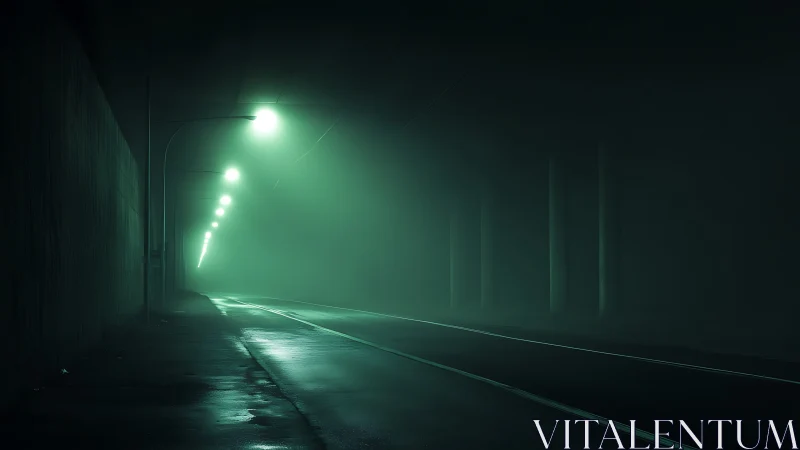 Foggy underpass roadway with sodium streetlights at night