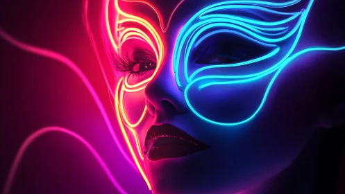 Neon lit female face with glowing abstract mask design.