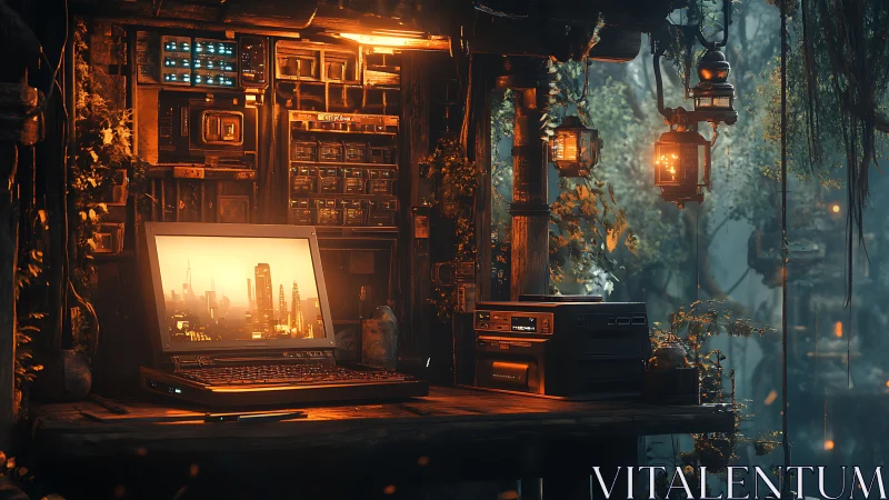 Rustic tech workstation in lantern lit forest cabin.