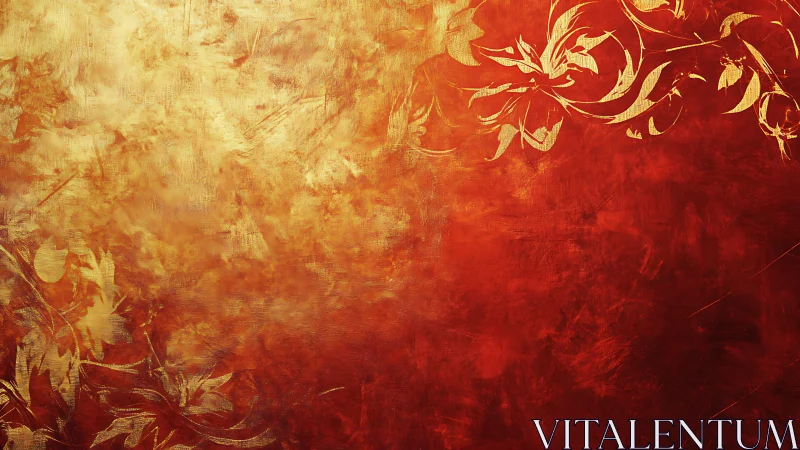 Ornate golden foliage over textured red gradient field.