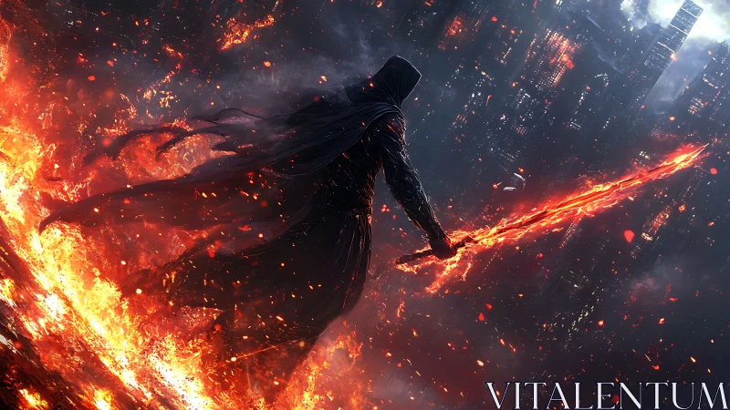 Hooded figure with flaming sword in burning urban field.
