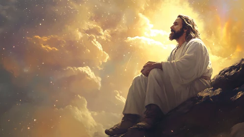 Man in white robe seated on rocky ledge under glowing sky.