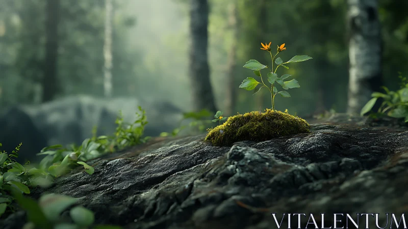 Tiny orange wildflower breaks through mossy forest rock