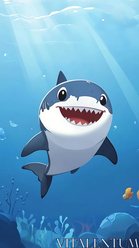Cartoon great white shark in sunlit shallow ocean scene