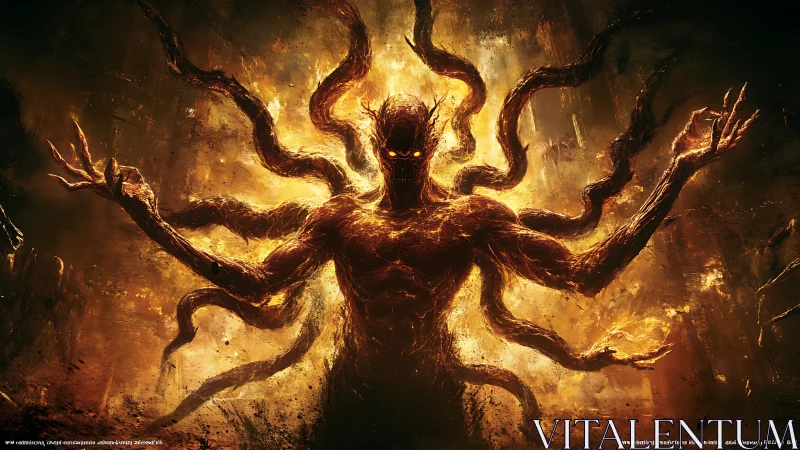 Volcanic tendril entity emerging from incandescent inferno.