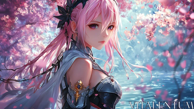 Pink haired warrior stands under luminous cherry blossoms