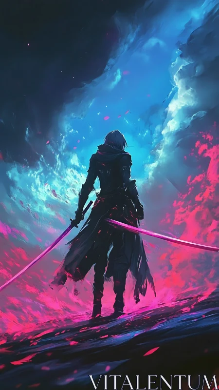 Neon samurai silhouette under split blue and pink sky.