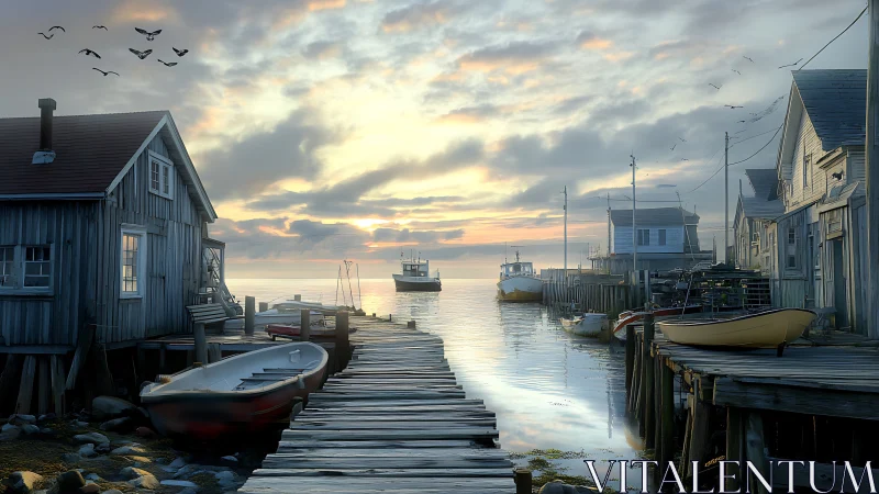 Wooden harbor pier with fishing boats at calm coastal sunrise