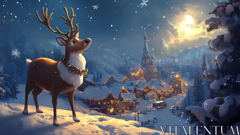 Cartoon reindeer overlooks illuminated snowy Christmas village