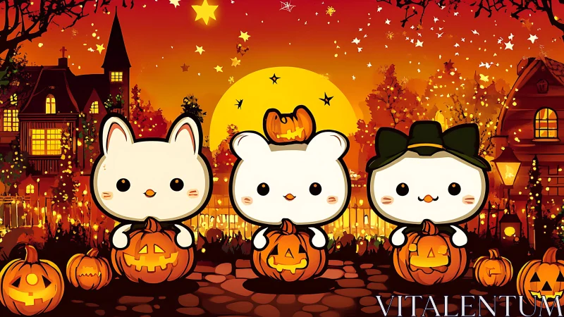 Three cat characters in Halloween pumpkin costumes under full moon