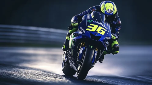 Motorcycle racer leans into wet-track straight under low light