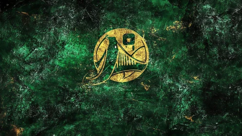 Golden circular emblem on green textured abstract field.
