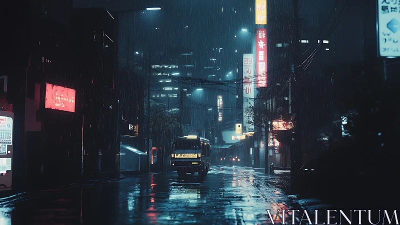 Neon rain hums softly while a lone city bus drifts homeward