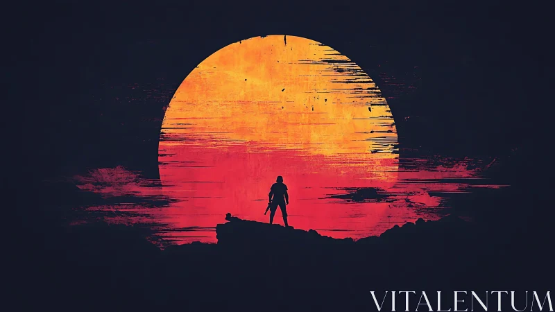 Lone figure stands before distressed red sun horizon