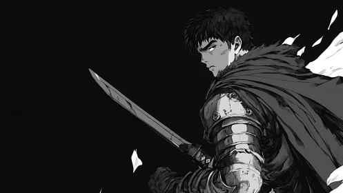 Armored swordsman in profile with cloak against dark field.