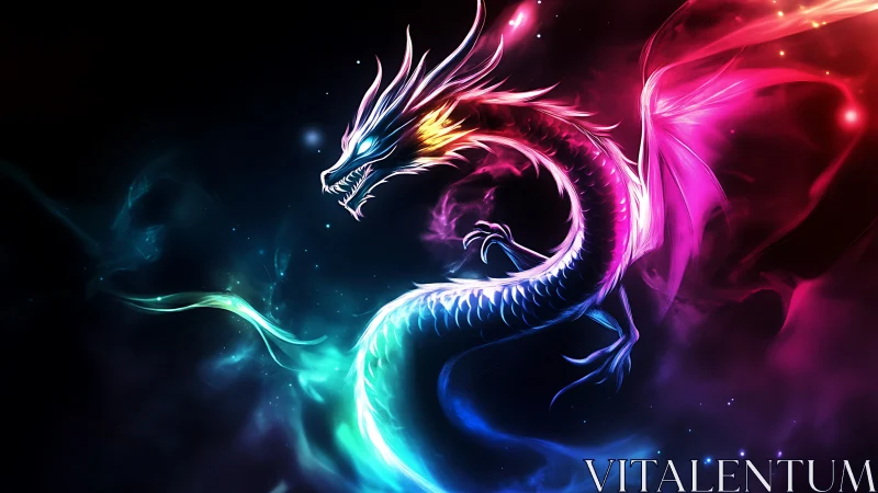 Neon dragon coils through dark space with radiant colored light