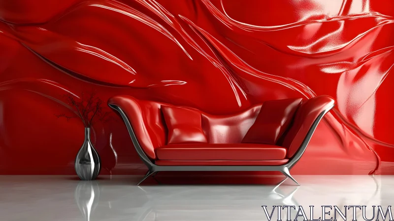 Modern red sofa against abstract glossy red sculpted wall art.