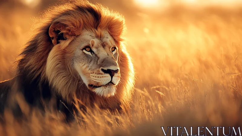 Sunlit lion king drifts through a molten savanna haze