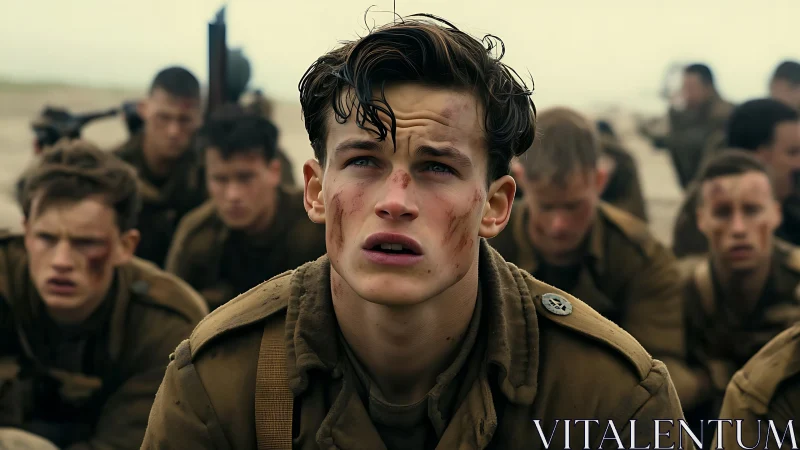 Young soldier’s gaze amid chaos on a misty battlefield.