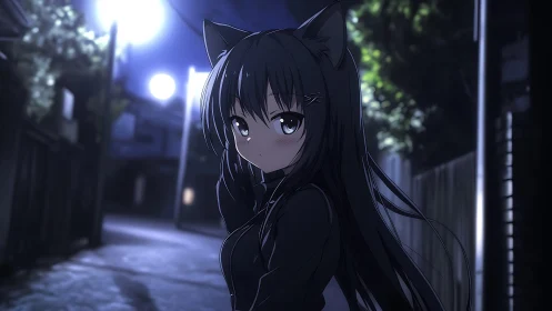 Gentle cat-eared girl strolling through a quiet moonlit street.