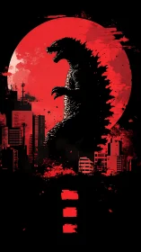 Silhouetted kaiju profile cuts through red lunar skyline