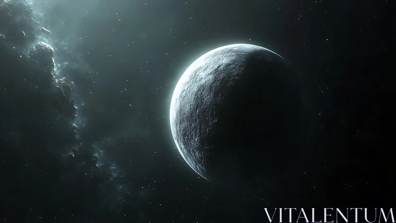 Terminator-lit icy exoplanet rendered with high-contrast volumetrics