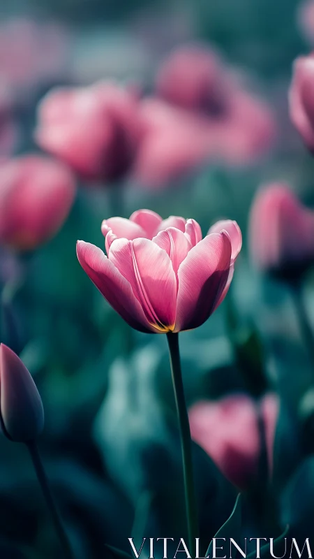 Pink tulip blooms in soft focus garden setting.