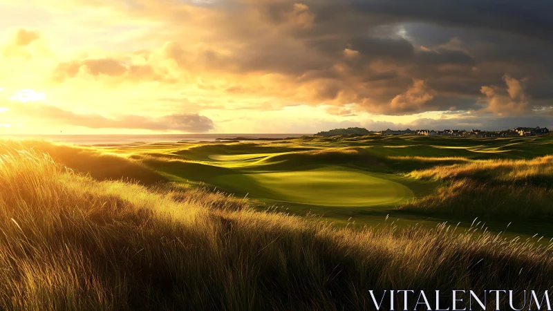Golden sunset floods coastal links golf course in light.