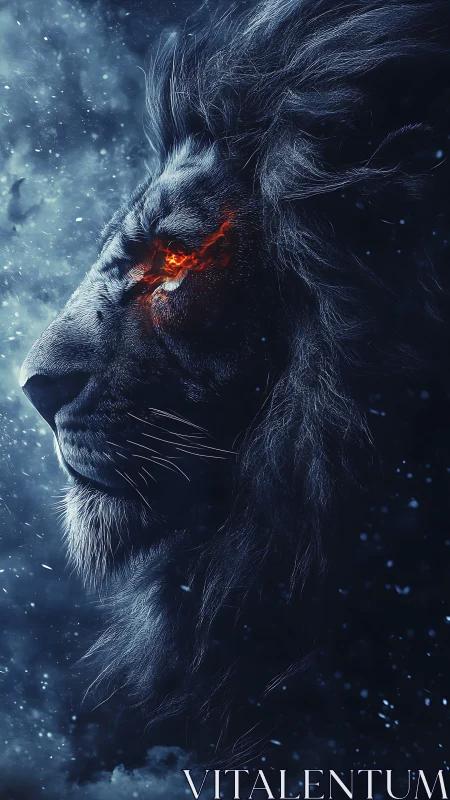 Fiery-eyed lion profile in icy blue storm nightscape.