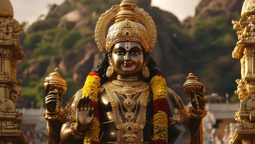 Gilded Hindu deity statue stands before sunlit rocky hills