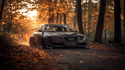 Modified black Audi rests in golden autumn forest light.