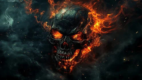 Burning demonic skull engulfed in vivid orange flames.