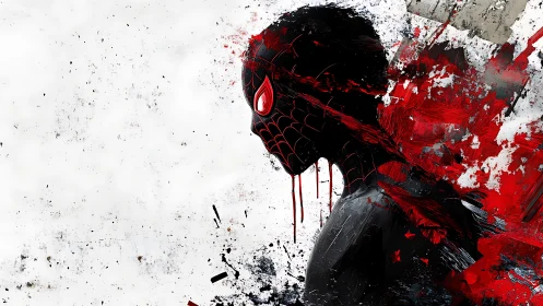 Silhouetted spider-hero dissolves into red splatter chaos.