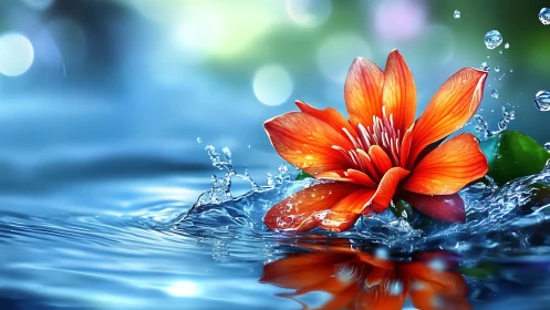 Amaryllis Flower Impact in Aquatic Splash with Bokeh Refraction
