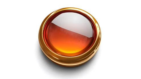 Shiny orange gemstone button with gold rim, digital 3D render.