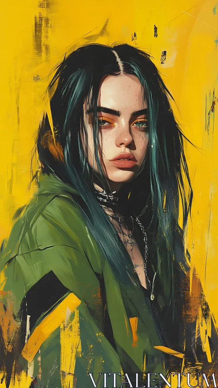 Expressive digital portrait contrasts neon yellow and green tones