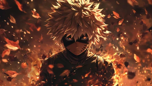 Masked warrior stands amid swirling embers and autumn leaves