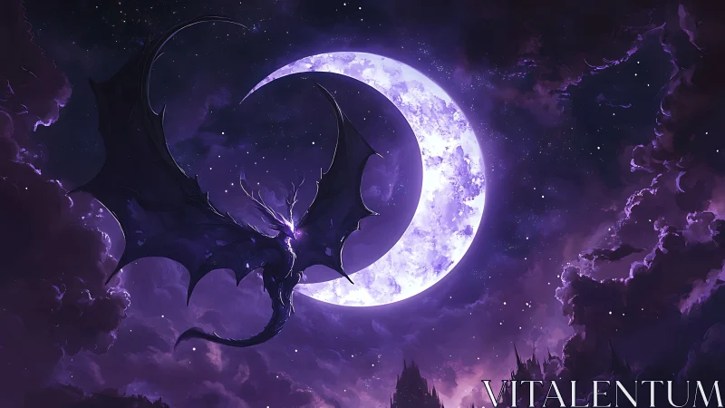 Void dragon eclipses crescent moon in violet storm sky.