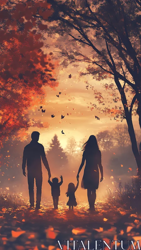 Autumn's Embrace: Family Silhouettes Dancing Through Golden Leaves.