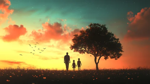 Golden sunset stroll warms a small family beneath one tree