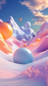 Pastel spheres drift across luminous ice valley dreamscape.