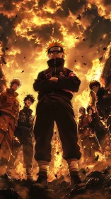 Incendiary squad formation under apocalyptic combustion sky.