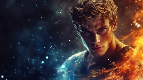 Elemental warrior between frost-lit void and searing blaze.