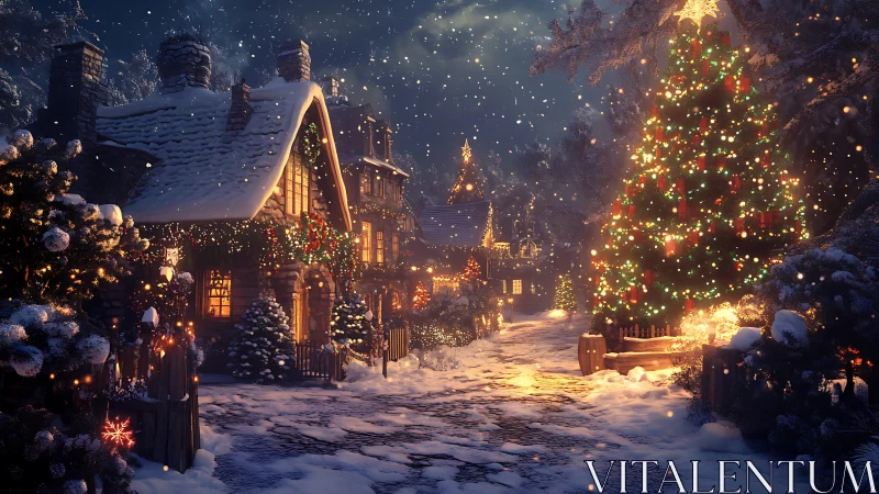 Snow covered village street with illuminated Christmas tree at night