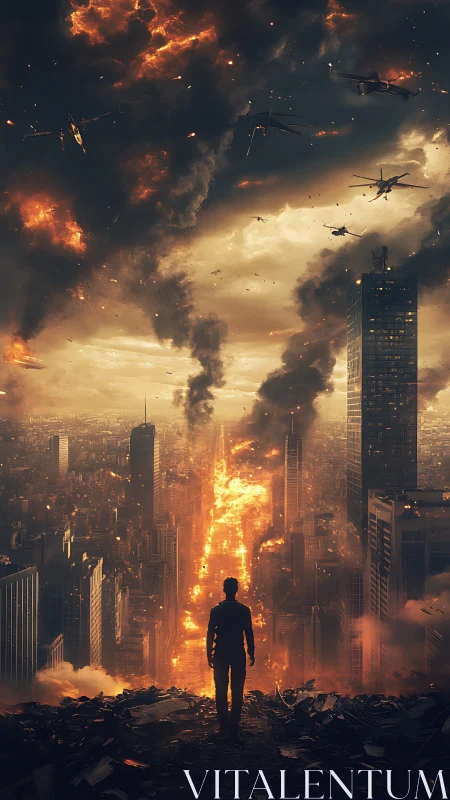 Silhouetted man observes burning city street and aircraft attack