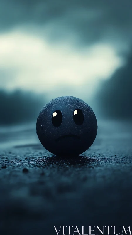 Dark sad face sphere on wet ground in moody light.
