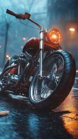 Custom motorcycle gleams under rain-soaked city lights.