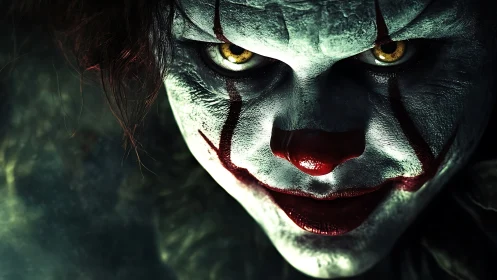 Sinister clown close-up with glowing predatory eyes.