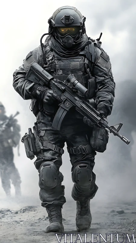 Tactical operator in black exosuit advancing through smoke.