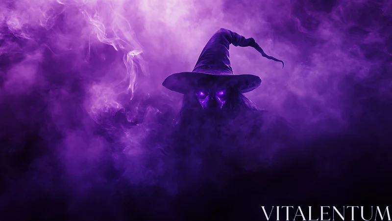 Purple spectral witch emerging through swirling smoke.